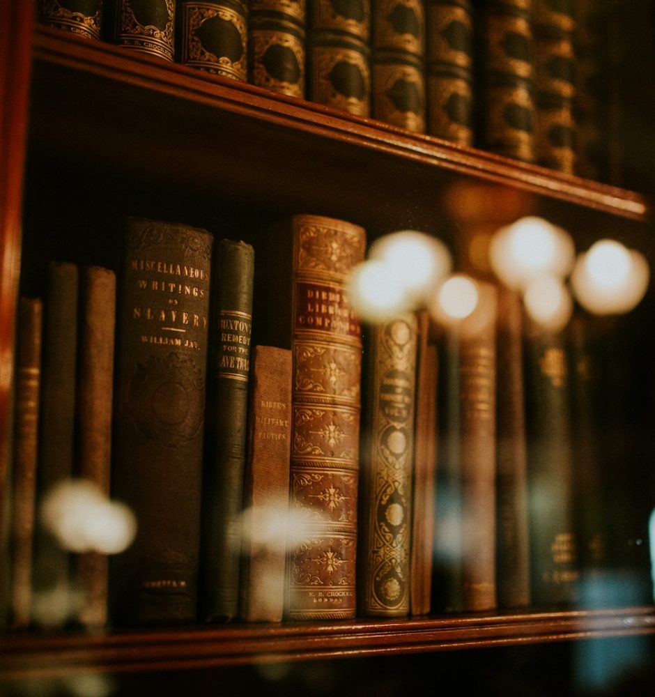 books in glass bookcase